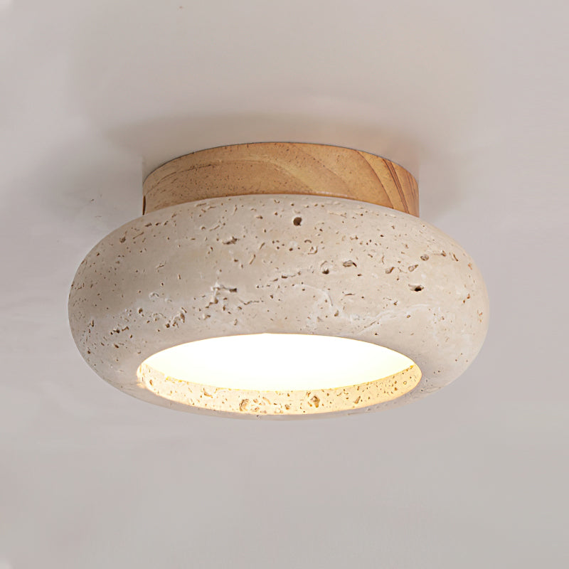 Flush Ceiling Light With Wood Accent Travertine Ring